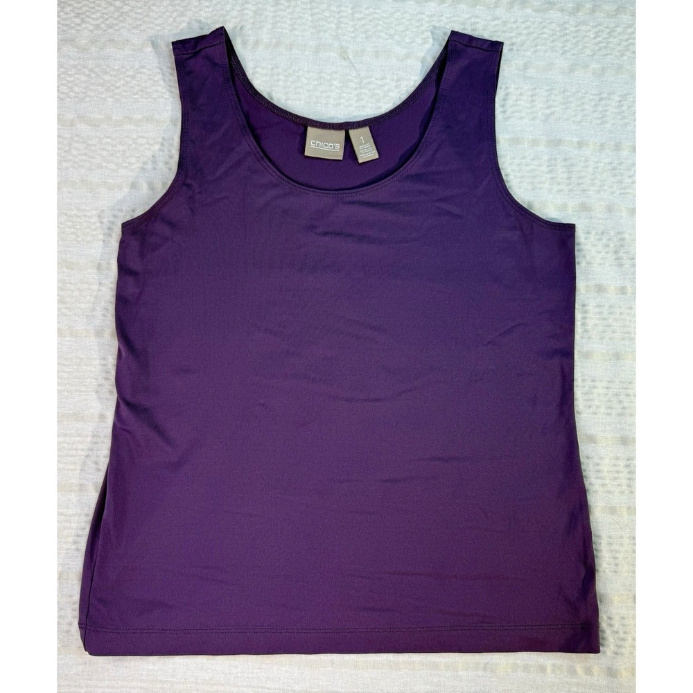 Chico's Womans Tank Top Solid Purple Medium 1 Polyester Blend Round‎ Neck
